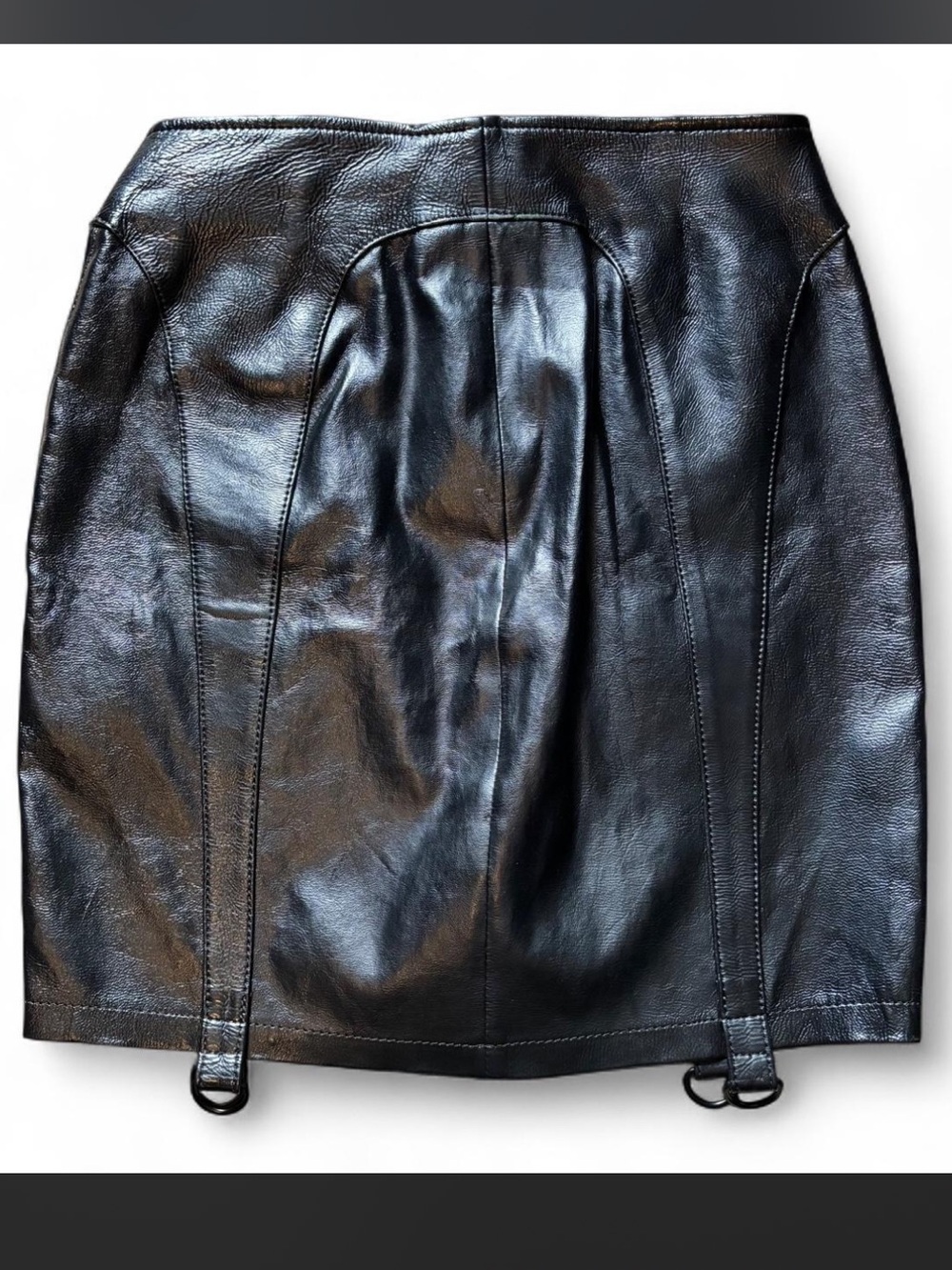 RtA black genuine patent leather dominatrix midi skirt with garter hoops